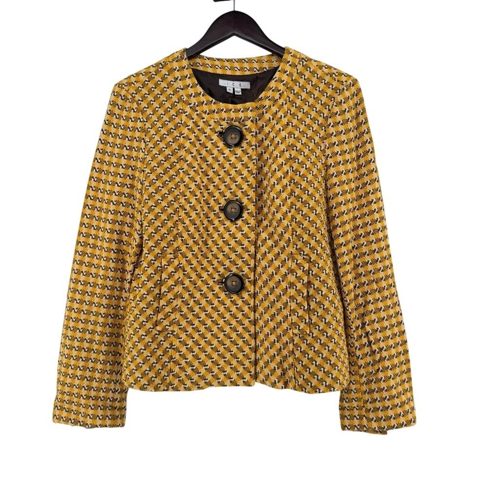 I.C.E. Mustard Yellow Geometric Cotton Tweed Blazer Jacket XL Brown White